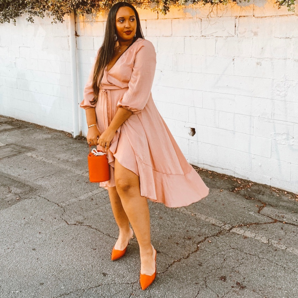 Gal Meets Glam Jennifer Satin Wrap Ruffle Dress